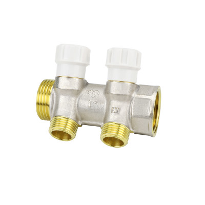 Коллектор распределительный с запорными клапанами Varmega VM14722, 1&quot;, на 2 выхода 1/2&quot;