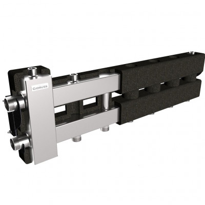 Балансировочный коллектор GIDRUSS BMSS-80-3DU.EPP (до 80 кВт, подкл. котла G 1, 1+1 контура G 1, боковой контур G 1, зеркально-матовая полировка, 4D-кронштейны K.UMS, EPP-термоизоляция)