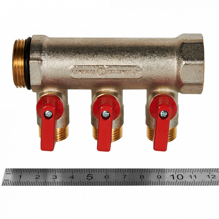 STOUT SMB 6210 011203 STOUT Коллектор с шаровыми кранами 1 , 3 отвода 1/2 (красные ручки)