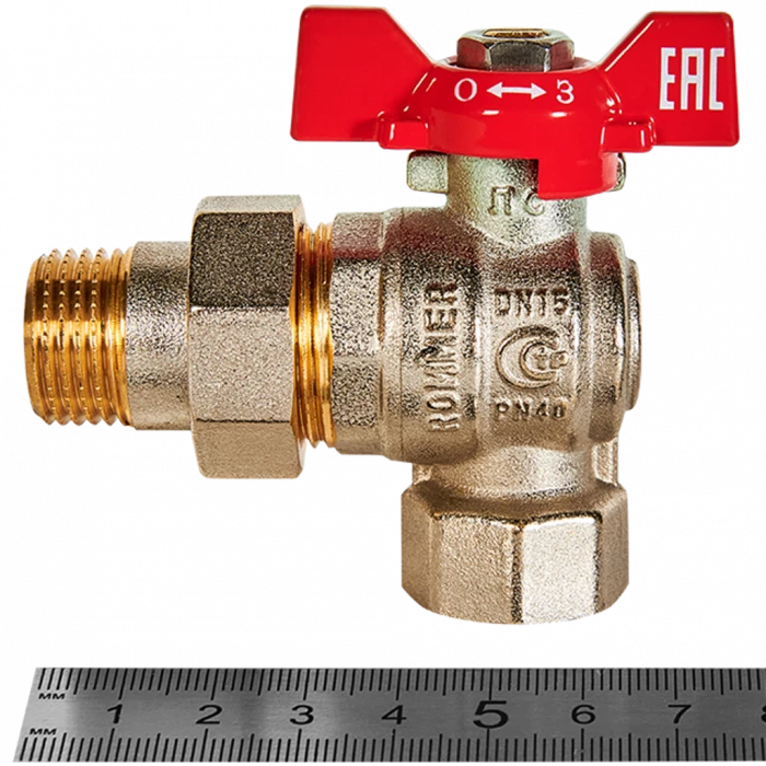 Кран шаровой угловой с американкой ROMMER ВР/НР, ручка бабочка 1/2