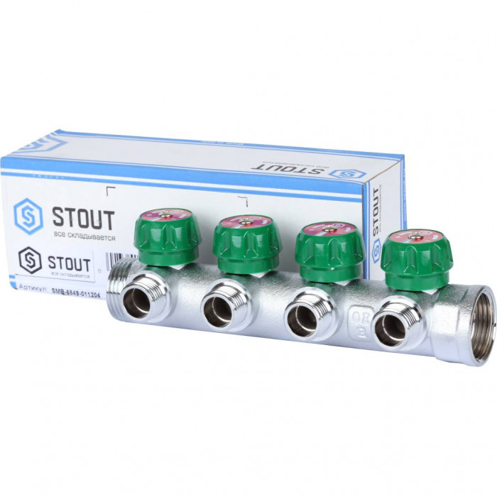 STOUT SMB-6849-011204 Коллектор регулирующий 1", 4 отвода 1/2" плоское уплотнение