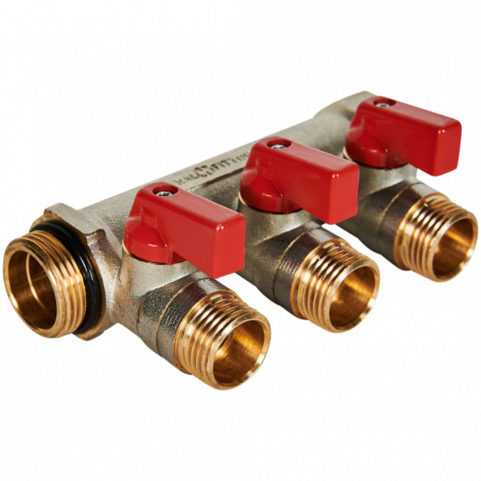 STOUT SMB 6210 341203 STOUT Коллектор с шаровыми кранами 3/4 , 3 отвода 1/2 (красные ручки)