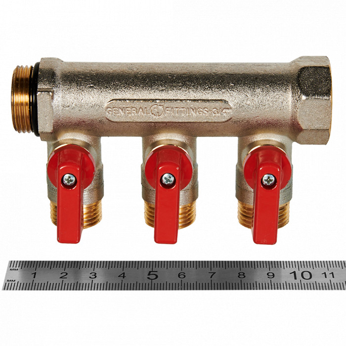 STOUT SMB 6210 341203 STOUT Коллектор с шаровыми кранами 3/4 , 3 отвода 1/2 (красные ручки)