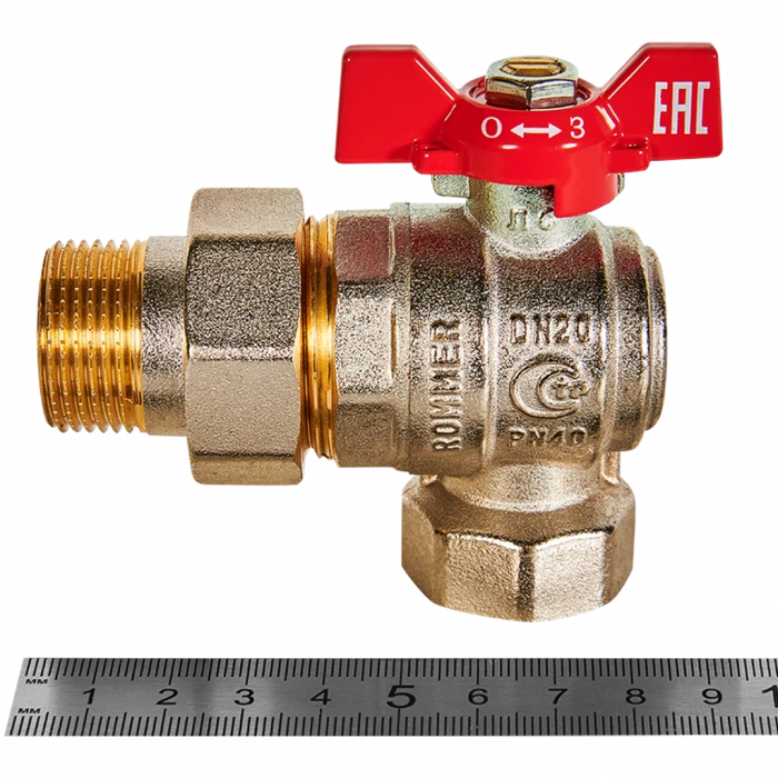 Кран шаровой угловой с американкой ROMMER ВР/НР, ручка бабочка 3/4