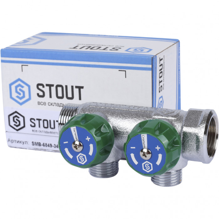 STOUT SMB-6849-341202 STOUT Коллектор регулирующий 3/4", 2 отвода 1/2" плоское уплотнение