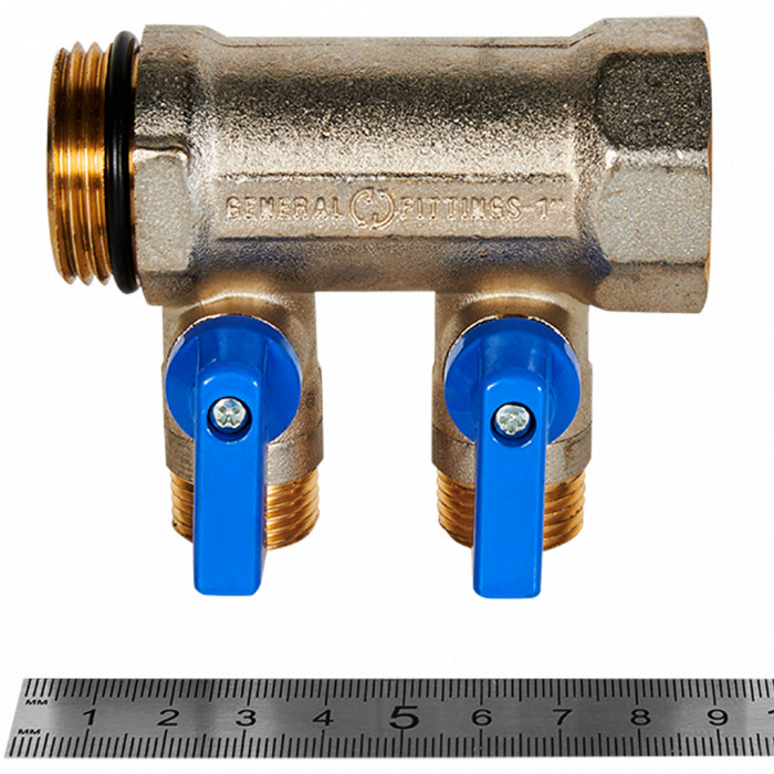 STOUT SMB 6211 011202 STOUT Коллектор с шаровыми кранами 1 , 2 отвода 1/2 (синие ручки)