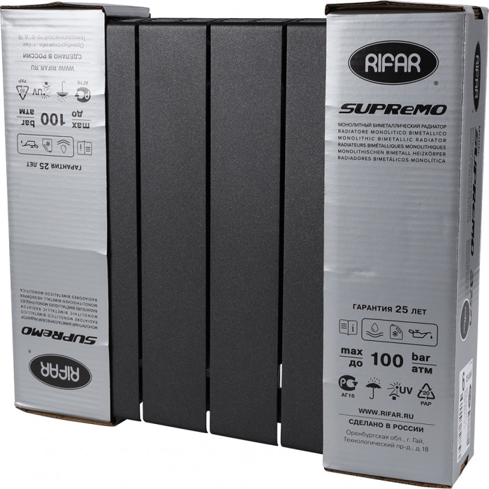 Биметаллический радиатор RIFAR SUPReMO VENTIL 350, 6 секций, нижнее правое подключение, черный