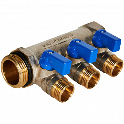 STOUT SMB 6211 011203 STOUT Коллектор с шаровыми кранами 1 , 3 отвода 1/2 (синие ручки)