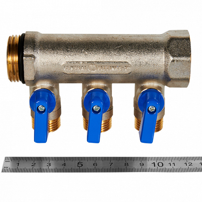 STOUT SMB 6211 011203 STOUT Коллектор с шаровыми кранами 1 , 3 отвода 1/2 (синие ручки)