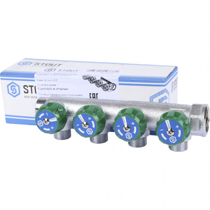 STOUT SMB-6849-341204 STOUT Коллектор регулирующий 3/4", 4 отвода 1/2" плоское уплотнение