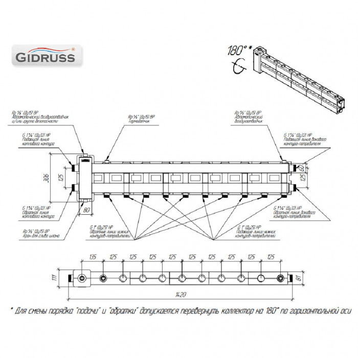 Балансировочный коллектор GIDRUSS BMSS-80-5DU.EPP (до 80 кВт, подкл. котла G 1, 2+2 контура G 1, боковой контур G 1, зеркально-матовая полировка, 4D-кронштейны K.UMS, EPP-термоизоляция)