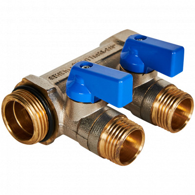STOUT SMB 6211 341202 STOUT Коллектор с шаровыми кранами 3/4 , 2 отвода 1/2 (синие ручки)