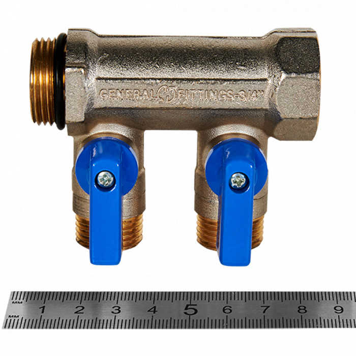STOUT SMB 6211 341202 STOUT Коллектор с шаровыми кранами 3/4 , 2 отвода 1/2 (синие ручки)