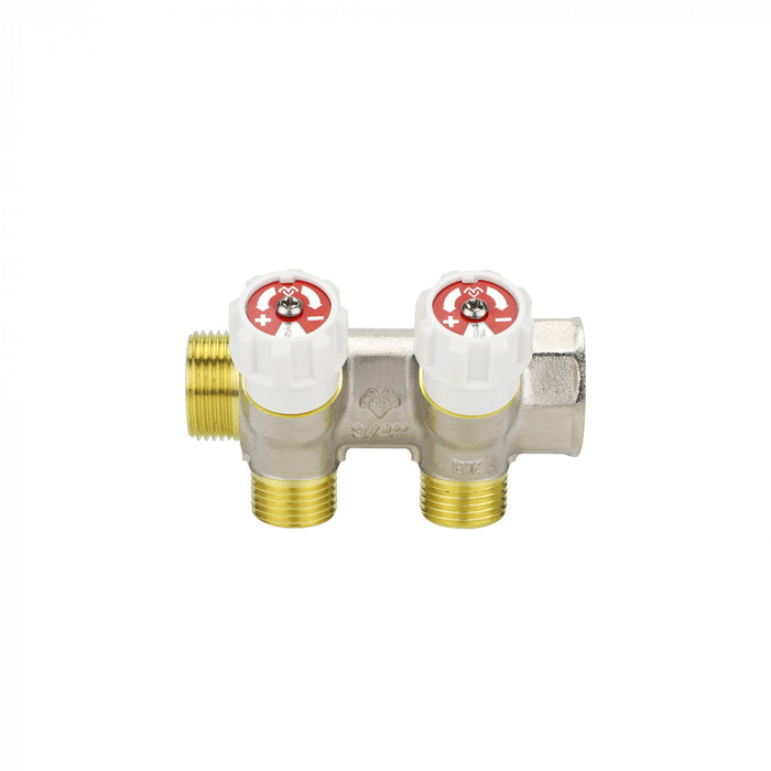 Коллектор распределительный с запорными клапанами Varmega VM14702, 3/4", на 2 выхода 1/2"