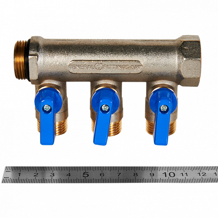 STOUT SMB 6211 341203 STOUT Коллектор с шаровыми кранами 3/4 , 3 отвода 1/2 (синие ручки)