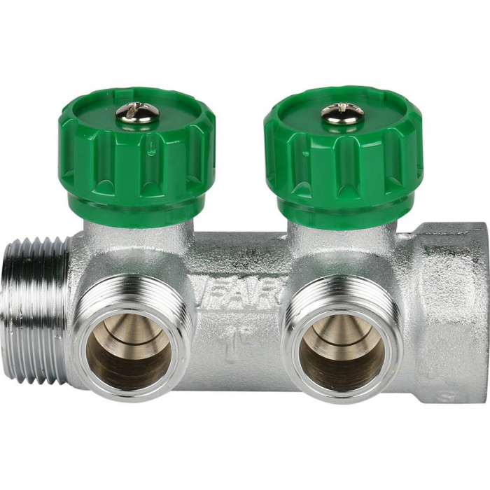 Коллектор распределительный FAR 1 , проходной, хромированный, 2 отвода 3/4  плоское уплотнение