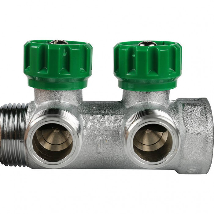 Коллектор распределительный FAR 1 , проходной, хромированный, 2 отвода 3/4  плоское уплотнение