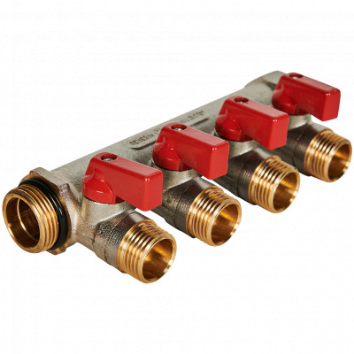 STOUT SMB 6210 341204 STOUT Коллектор с шаровыми кранами 3/4 , 4 отвода 1/2 (красные ручки)