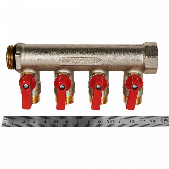STOUT SMB 6210 341204 STOUT Коллектор с шаровыми кранами 3/4 , 4 отвода 1/2 (красные ручки)