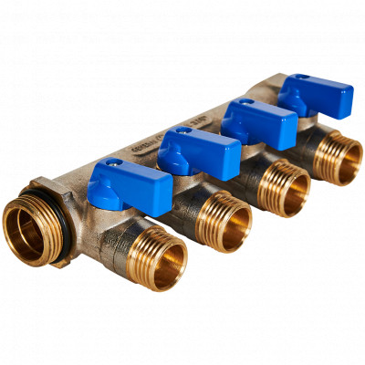 STOUT SMB 6211 341204 STOUT Коллектор с шаровыми кранами 3/4 , 4 отвода 1/2 (синие ручки)