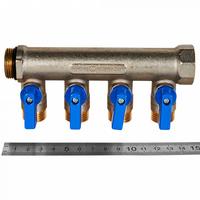 STOUT SMB 6211 341204 STOUT Коллектор с шаровыми кранами 3/4 , 4 отвода 1/2 (синие ручки)
