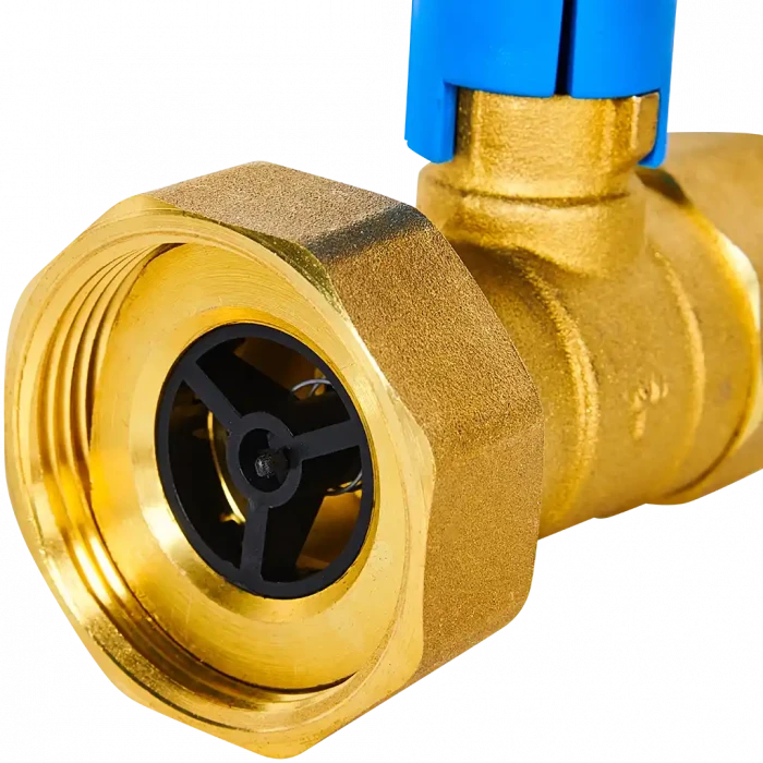 Клапан запорный латунный ROMMER ВР 1 с НГ для подключения насоса ВР 1 1/2 и обратным клапаном, синяя ручка RBV-0020-0101112