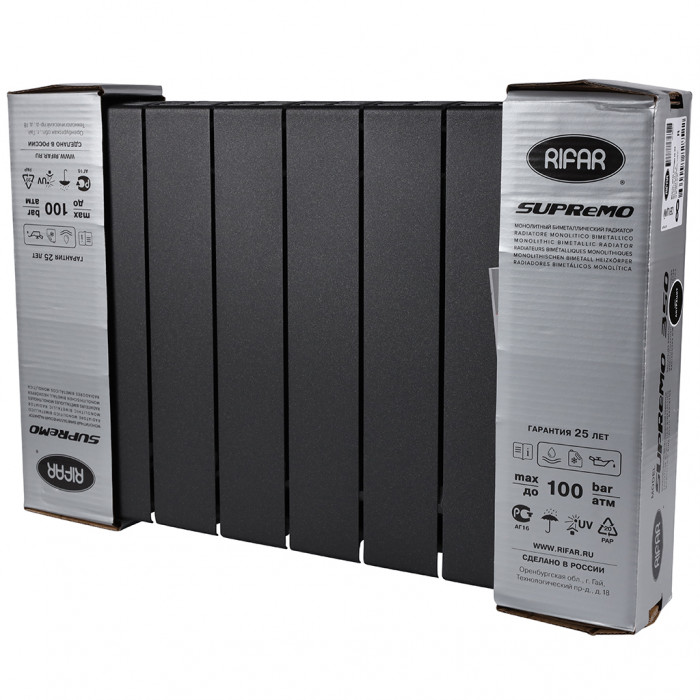 Биметаллический радиатор RIFAR SUPReMO VENTIL 350, 8 секций, нижнее правое подключение, черный
