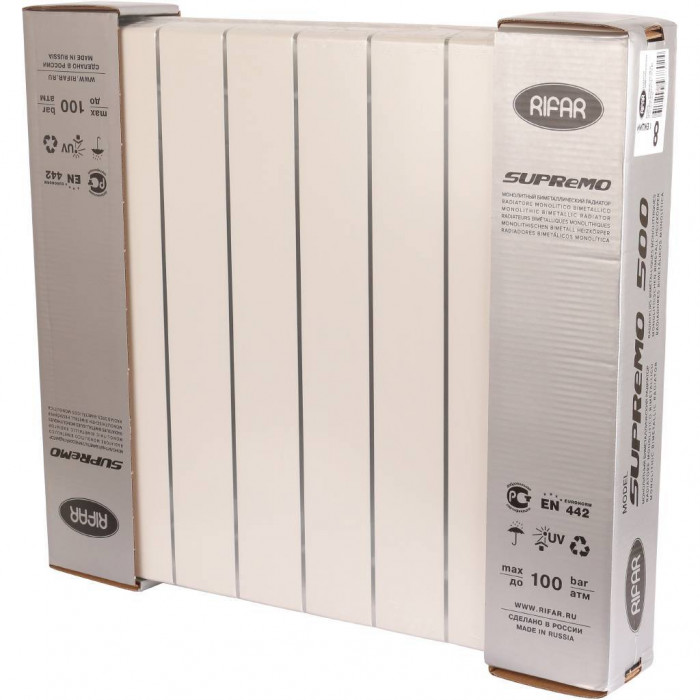 Биметаллический радиатор RIFAR SUPReMO VENTIL 500, 8 секций, нижнее правое подключение, белый