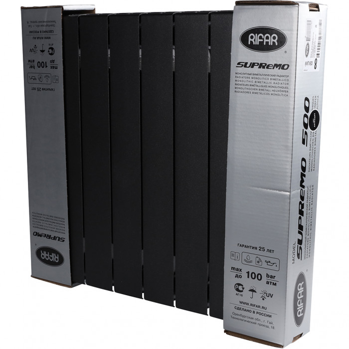 Биметаллический радиатор RIFAR SUPReMO VENTIL 500, 8 секций, нижнее правое подключение, черный