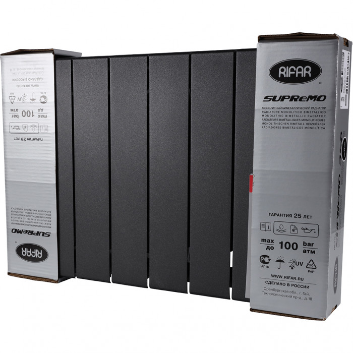 Биметаллический радиатор RIFAR SUPReMO 350, 8 секций, боковое подключение, черный