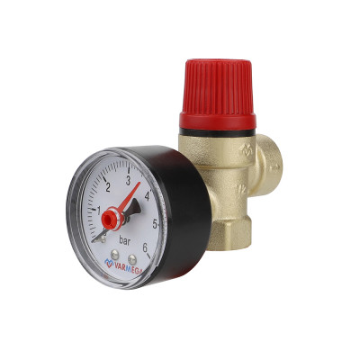 Клапан предохранительный (сбросной) Varmega VM16614 1/2&quot; ВР, 10 бар, мембранный, латунь, с манометром