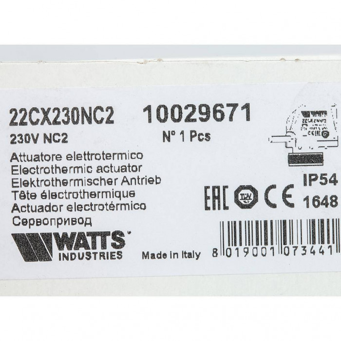 Сервопривод электротермический Watts 22CX нормально закрытый, 230 В