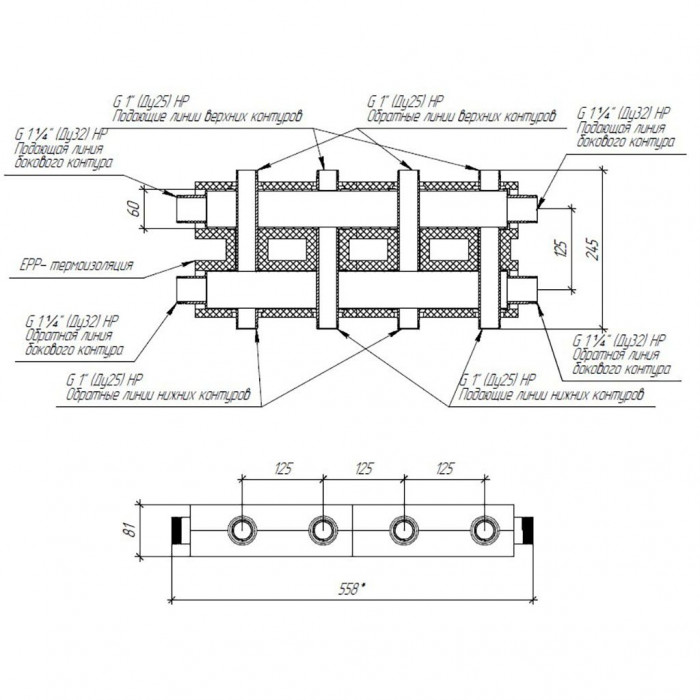Модульный коллектор GIDRUSS MKSS-100-4DU.EPP (до 100 кВт, 2 магистрали G 1, 2+2 контура G 1, EPP-термоизоляция, 4D-кронштейны K.UMS)