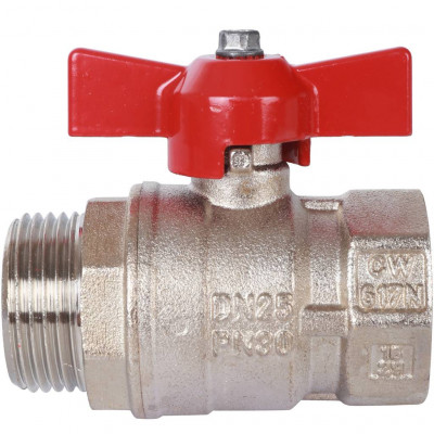 STOUT Кран шаровой стандартнопроходной, ВР/НР, ручка бабочка 1 (красная ручка)