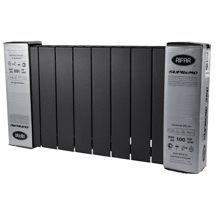 Биметаллический радиатор RIFAR SUPReMO VENTIL 350, 10 секций, нижнее правое подключение, черный