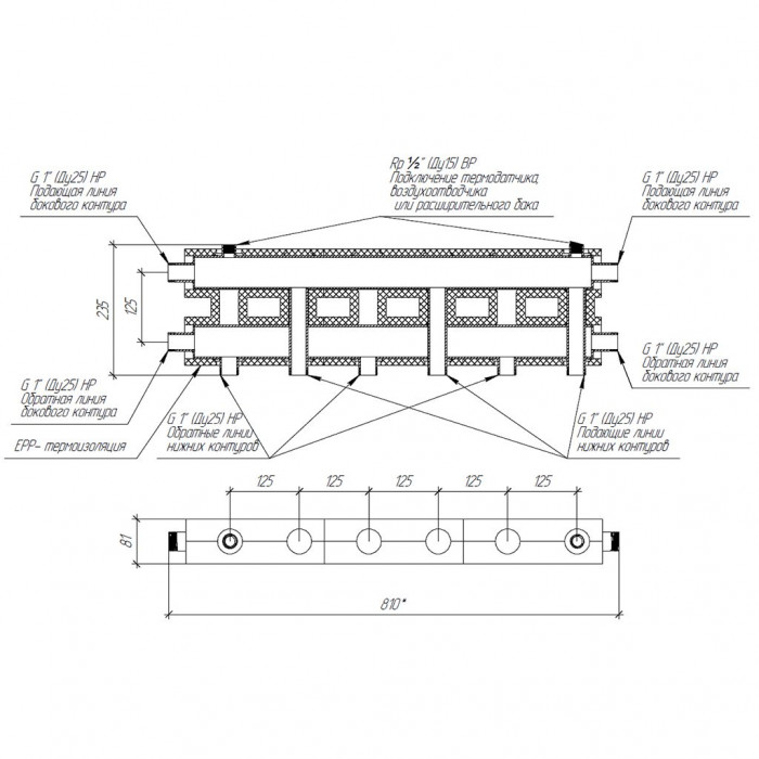 Модульный коллектор GIDRUSS MK-60-4D.EPP (до 60 кВт, магистраль G 1, 3+1 контура G 1, EPP-термоизоляция, 4D-кронштейны K.UMS, цвет черный муар с серебром, подключение для температурного датчика)