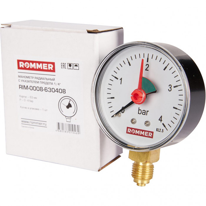 RIM-0008-630408 Манометр ROMMER радиальный с указателем предела. Корпус Dn 63 мм 1/4 , 0...4 бар, кл.2.5