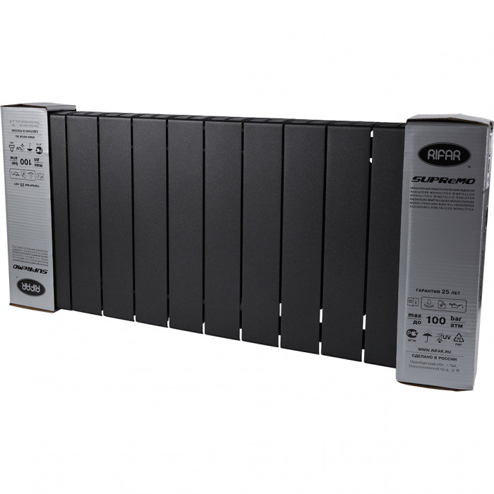 Биметаллический радиатор RIFAR SUPReMO VENTIL 350, 12 секций, нижнее правое подключение, черный