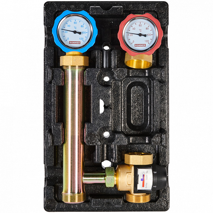 Насосная группа ROMMER RDG-1002 с термостатическим смесительным клапаном (35-60°С) без насоса, правая