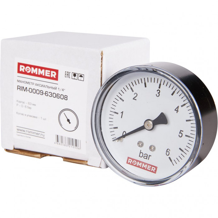 RIM-0009-630608 Манометр ROMMER аксиальный. Корпус Dn 63 мм 1/4 , 0...6 бар, кл.2.5
