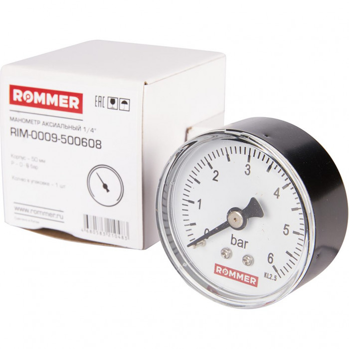 RIM-0009-500608 Манометр ROMMER аксиальный. Корпус Dn 50 мм 1/4 , 0...6 бар, кл.2.5