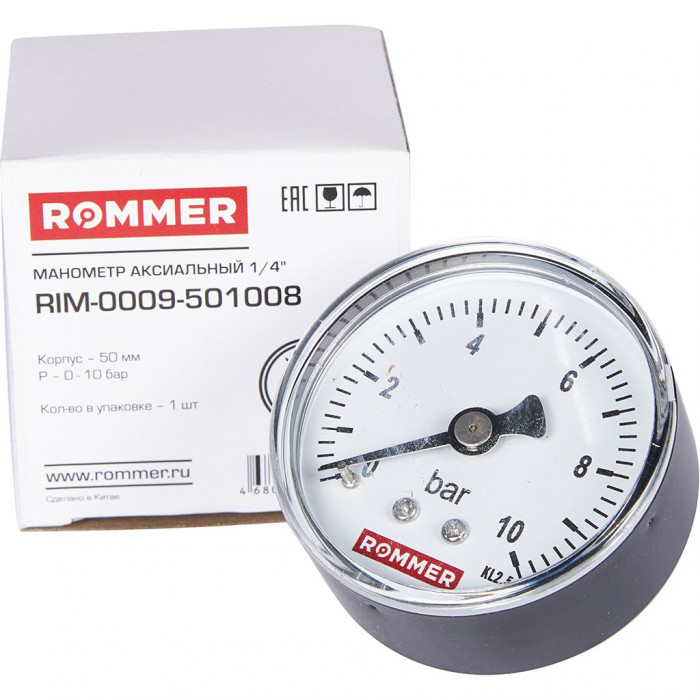 RIM-0009-501008 Манометр ROMMER аксиальный. Корпус Dn 50 мм 1/4 , 0...10 бар, кл.2.5