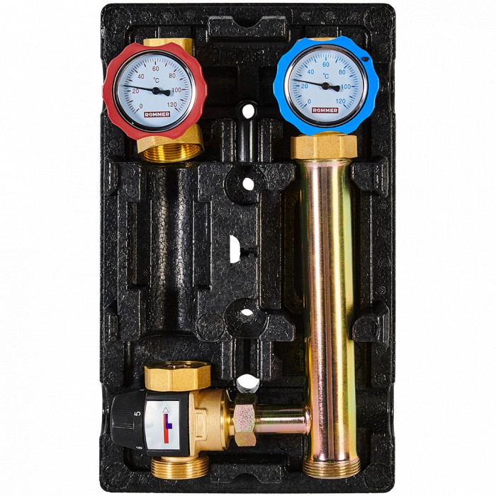 Насосная группа ROMMER RDG-1002 с термостатическим смесительным клапаном (35-60°С) без насоса, левая