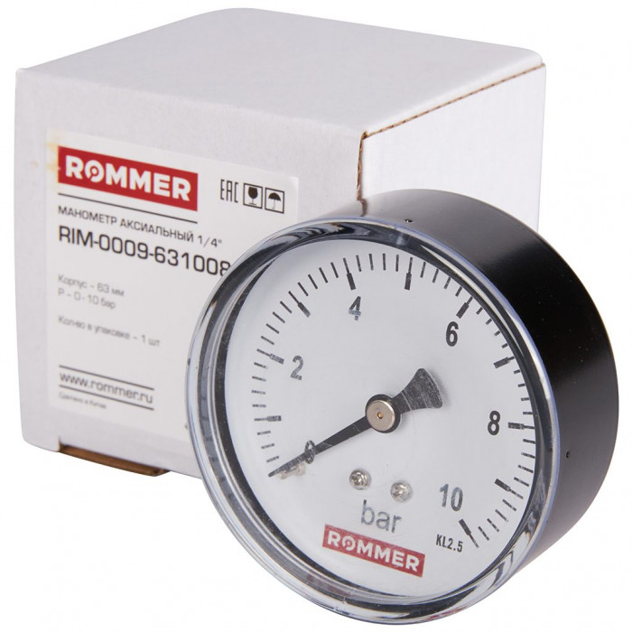 RIM-0009-631008 Манометр ROMMER аксиальный. Корпус Dn 63 мм 1/4 , 0...10 бар, кл.2.5