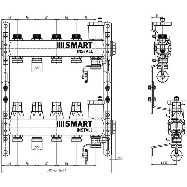 Комплект коллекторов Smart Install с балансировочными и термостат. клапанами 1"х3/4"ЕК-12 вых.