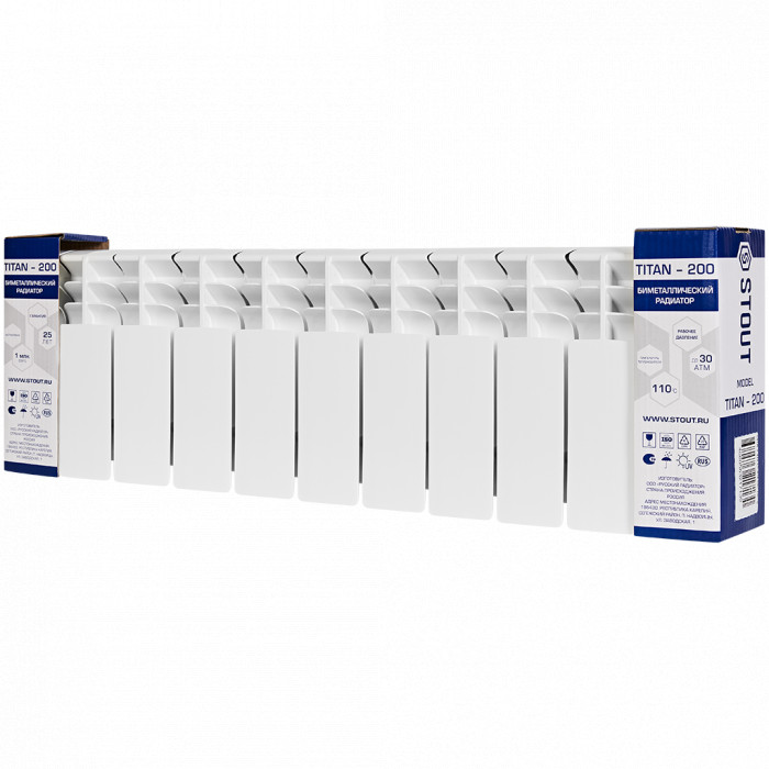 Биметаллический радиатор STOUT TITAN 200, 11 секций, боковое подключение, белый