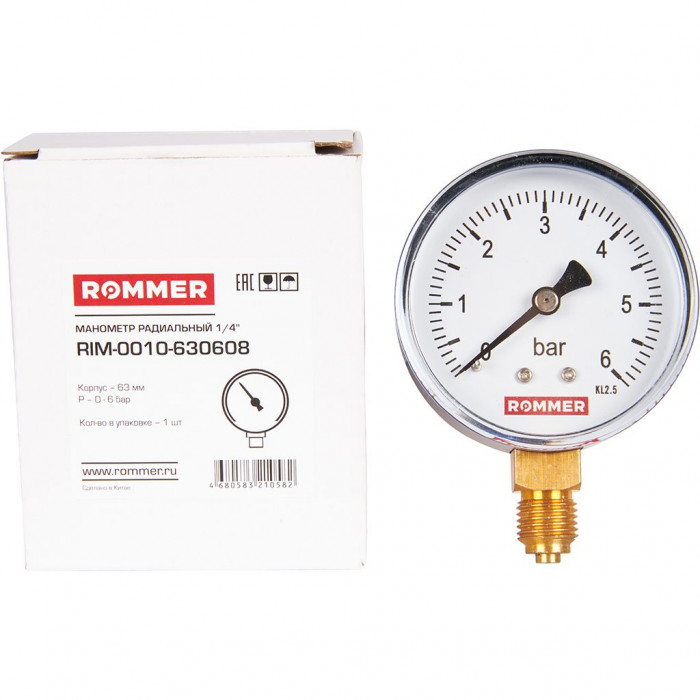 RIM-0010-630608 Манометр ROMMER радиальный. Корпус Dn 63 мм 1/4 , 0...6 бар, кл.2.5