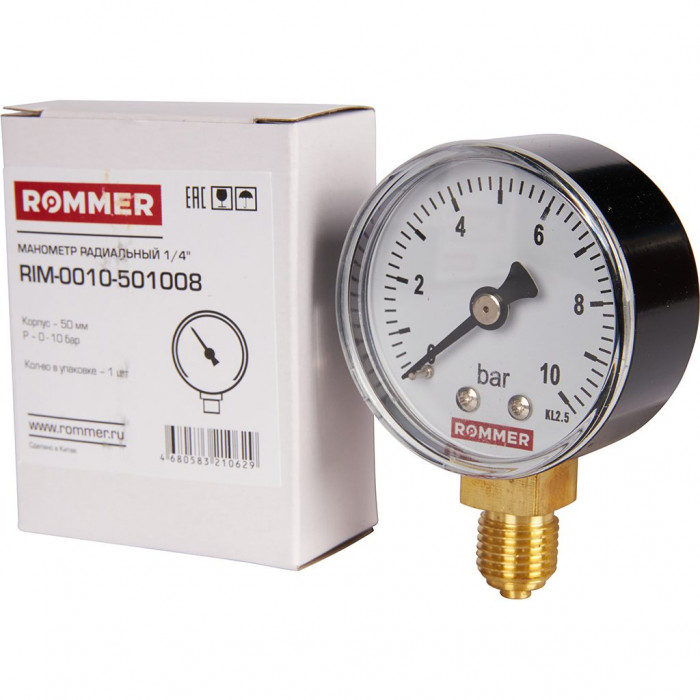 RIM-0010-501008 Манометр ROMMER радиальный. Корпус Dn 50 мм 1/4 , 0...10 бар, кл.2.5