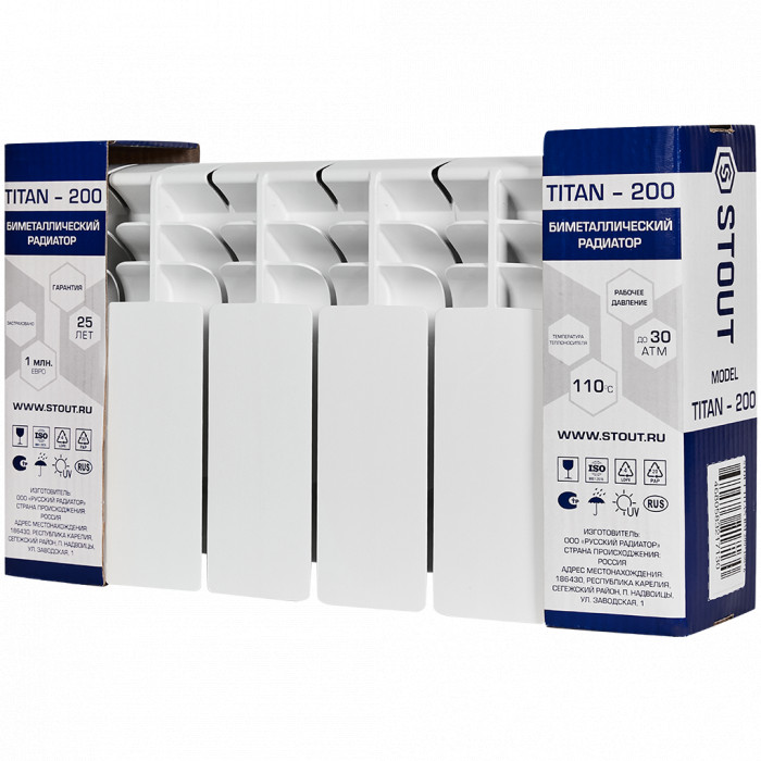 Биметаллический радиатор STOUT TITAN 200, 6 секций, боковое подключение, белый