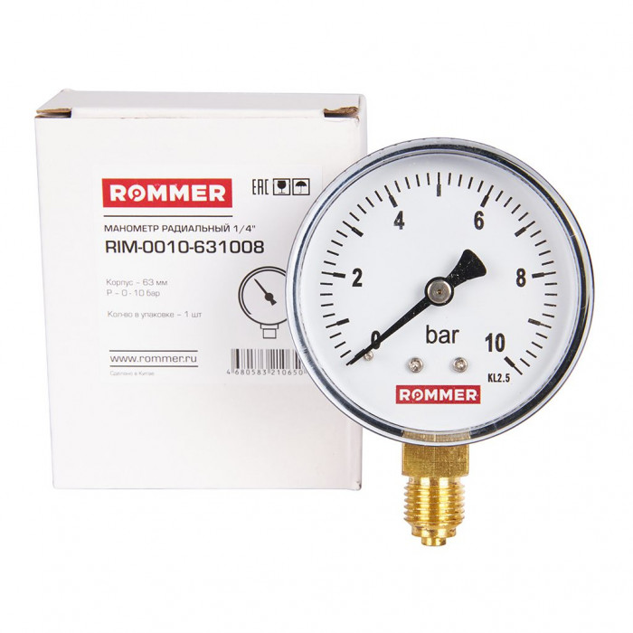 RIM-0010-631008 Манометр ROMMER радиальный. Корпус Dn 63 мм 1/4 , 0...10 бар, кл.2.5